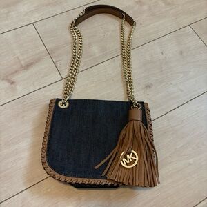 Michael Kors Bag Crossbody Denim-Leather Suede Tassel Whipped Stitch Chelsea